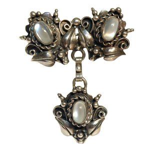 Signed Arts & Crafts Era Sterling Silver & Moonstone Brooch Signed A&L